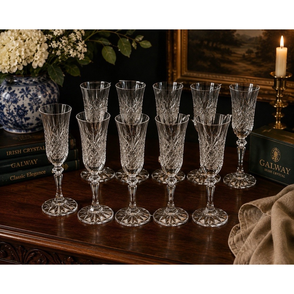 Galway Clifden Crystal Champagne Flutes Set of 10 Irish Cut Glass 8⅛"